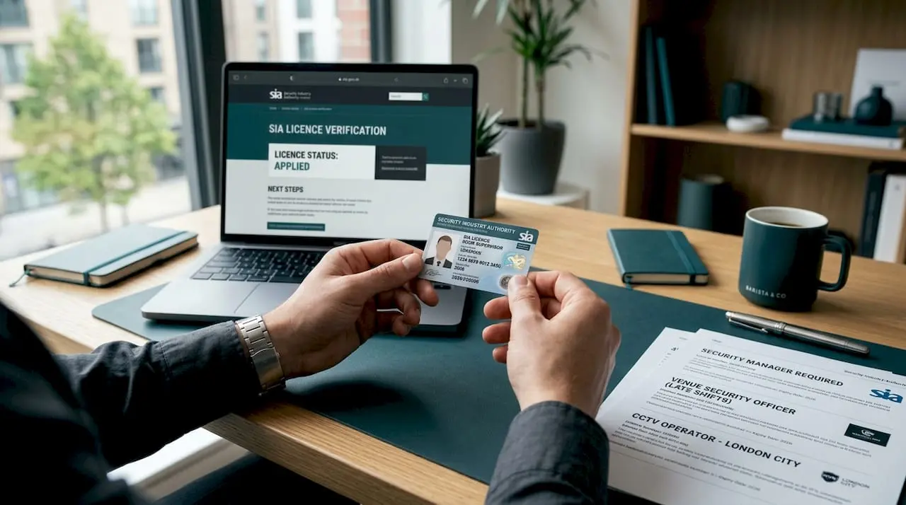 Hands holding SIA licence over desk with documents