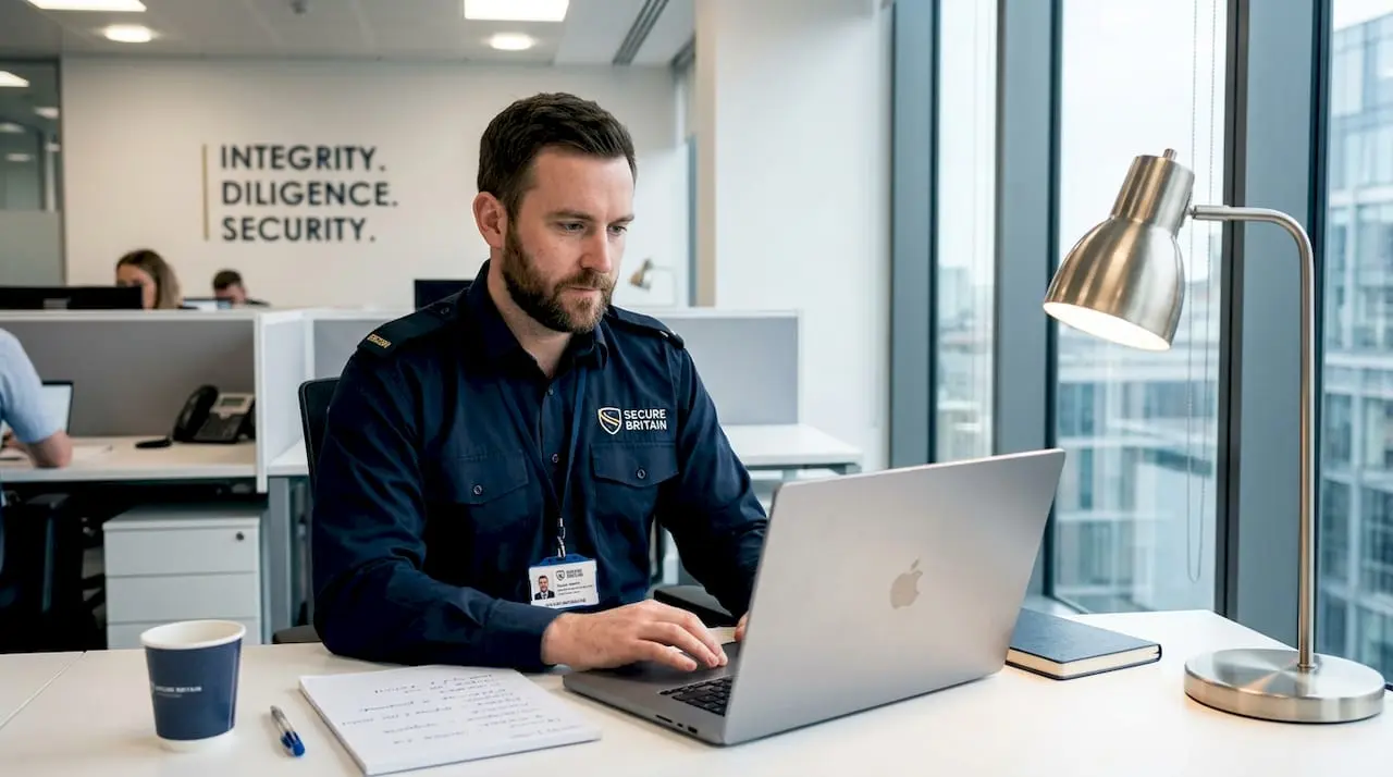 Security worker reviewing salary spreadsheet
