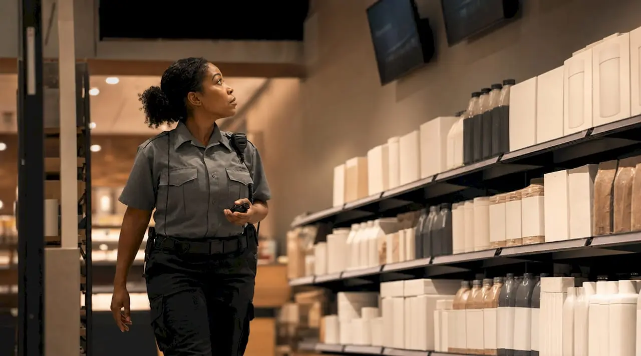Retail security officer patrolling supermarket aisle