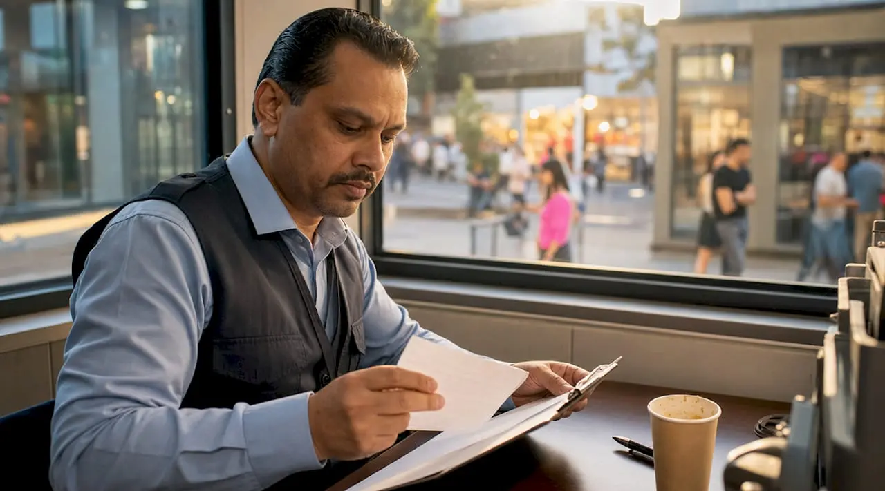 Security supervisor reviewing shift notes in office
