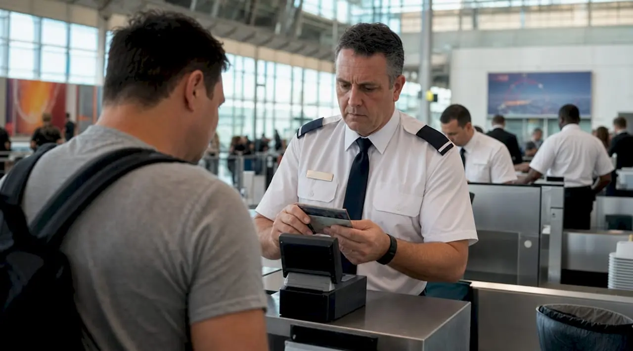 Security officer checking passenger ID at airport