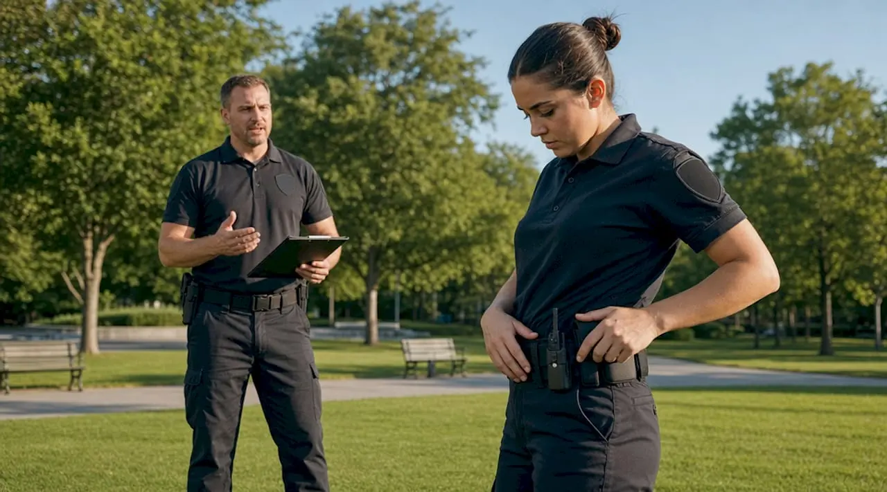 Security officer in practical training outdoors