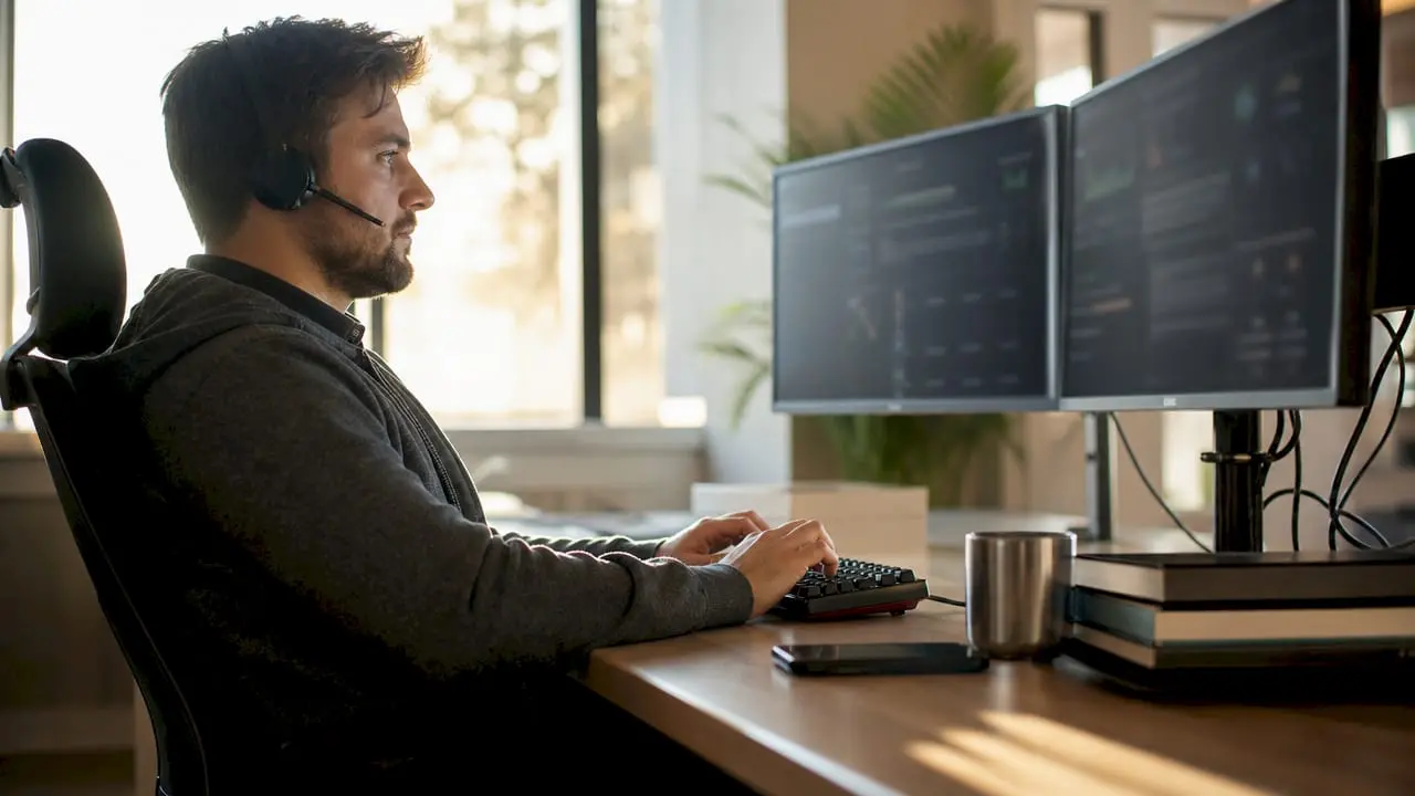 SOC analyst at workstation with dual monitors