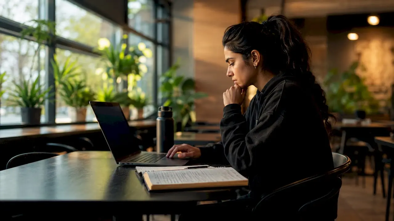 Woman reviewing cybersecurity career advice on laptop