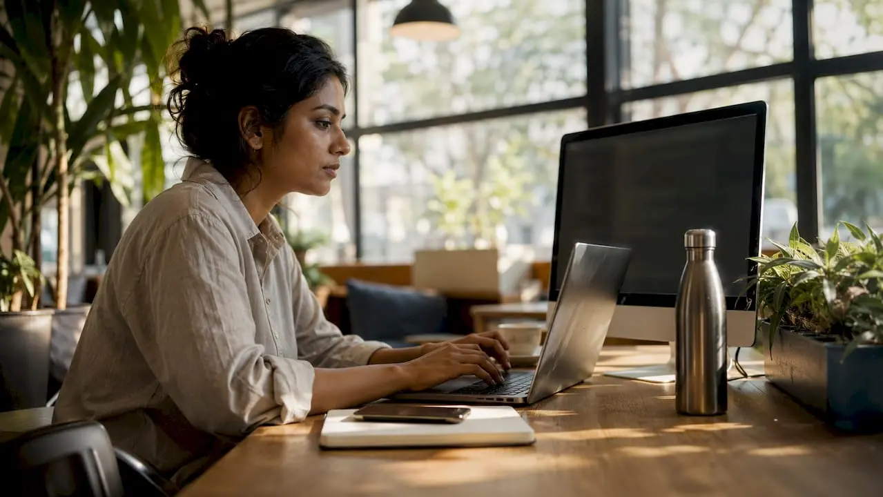 Woman working remotely on cybersecurity at home