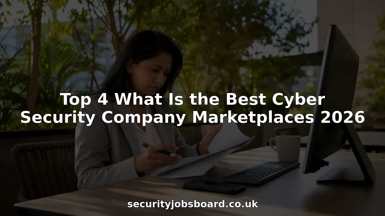 Woman reviewing cybersecurity company profiles at desk
