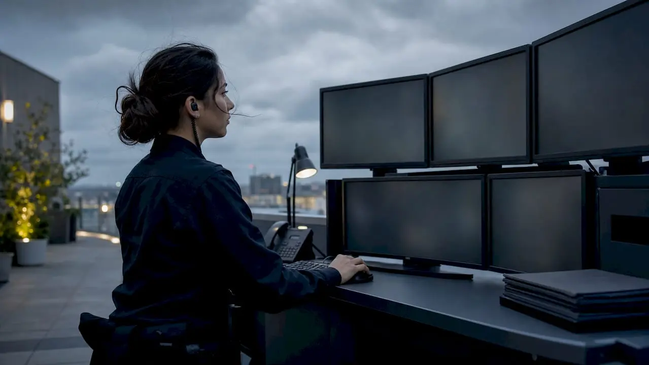 Security officer monitoring CCTV screens