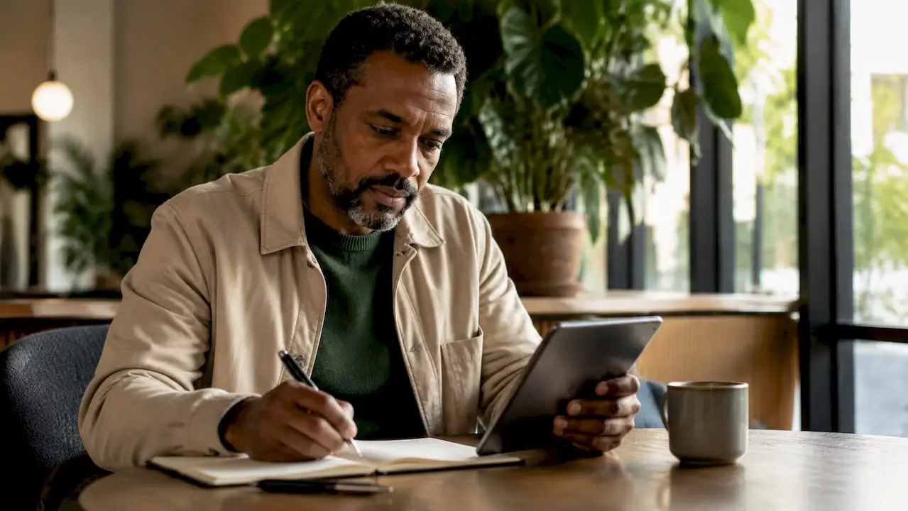 Man using tablet for job applications in office