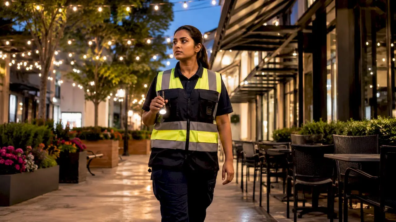 Female security guard patrolling parking garage