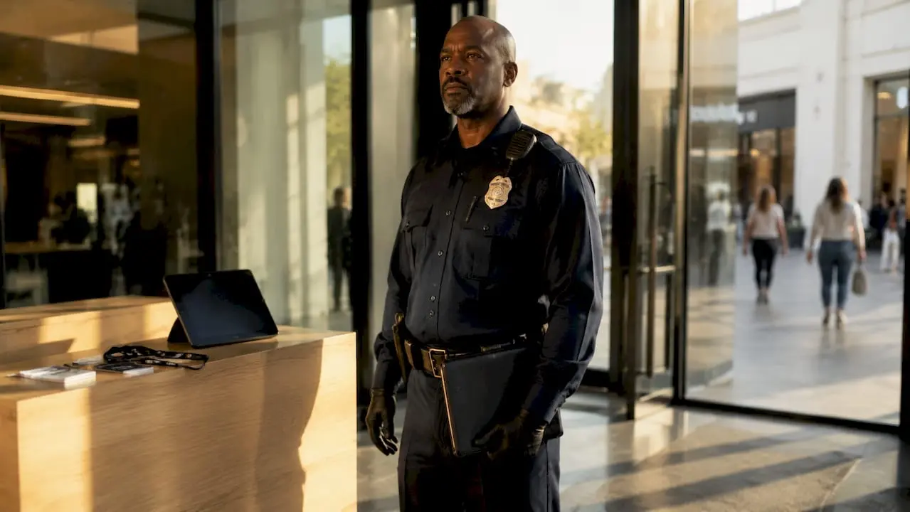 Security guard monitoring corporate lobby entrance
