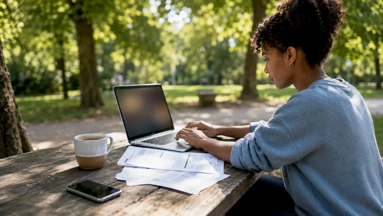 Woman job hunting on laptop at home table