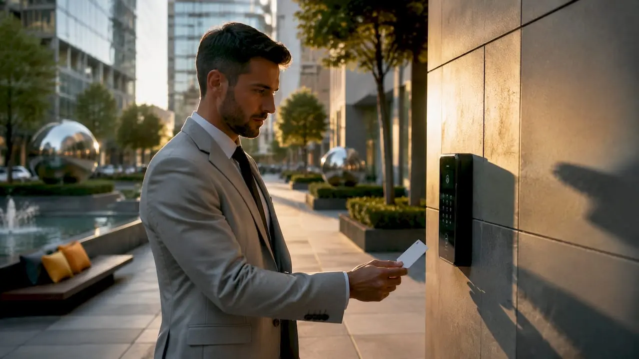 Security professional at office access panel