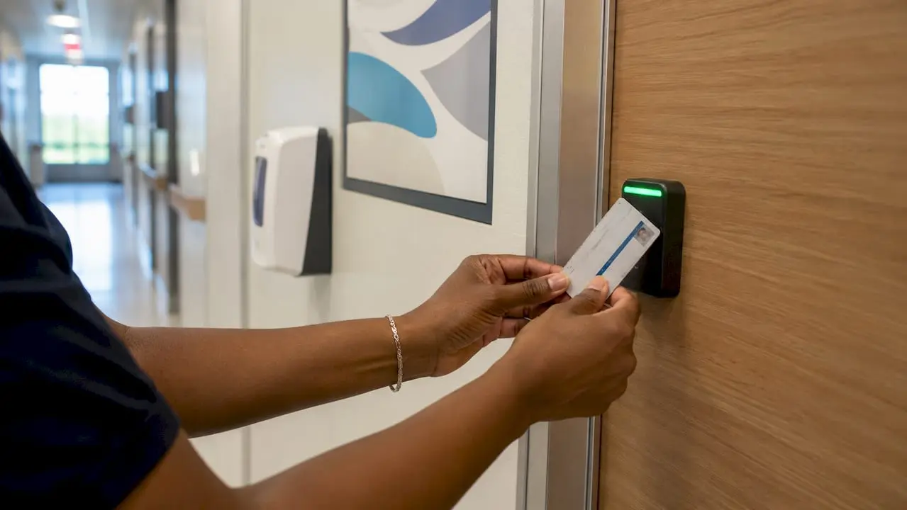 Hands swiping keycard for ward access