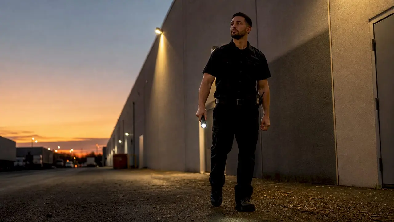 Security guard patrolling parking lot at night
