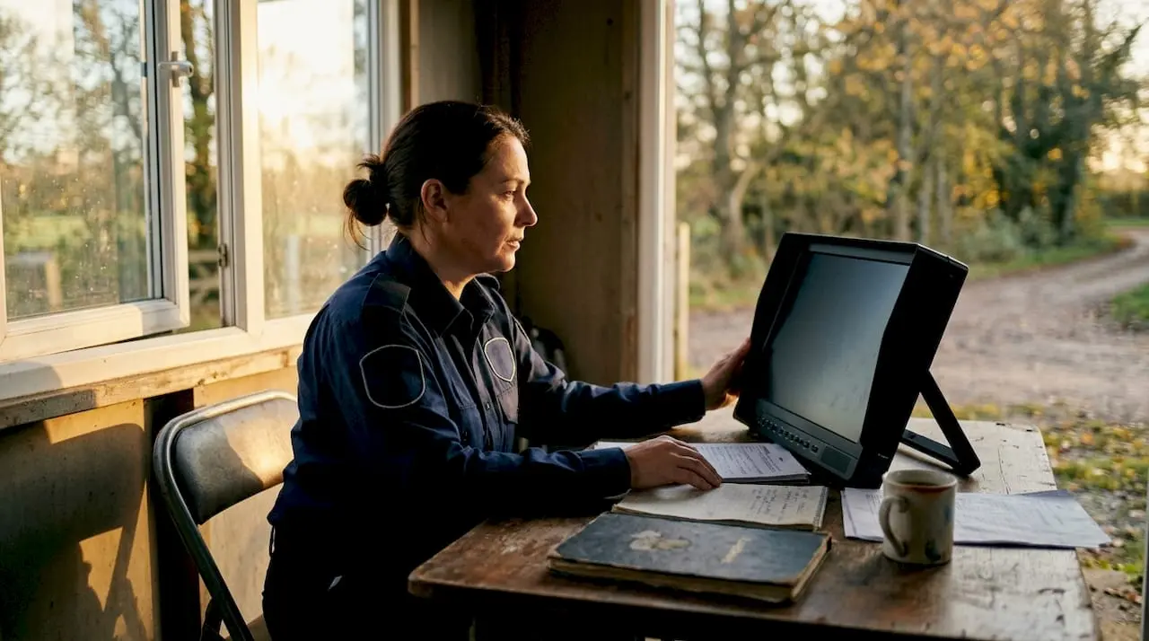 Female security guard monitoring CCTV cameras