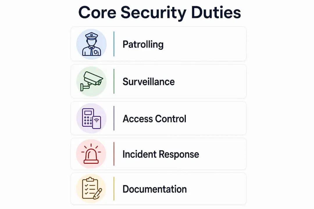 Infographic illustrating core security guard duties