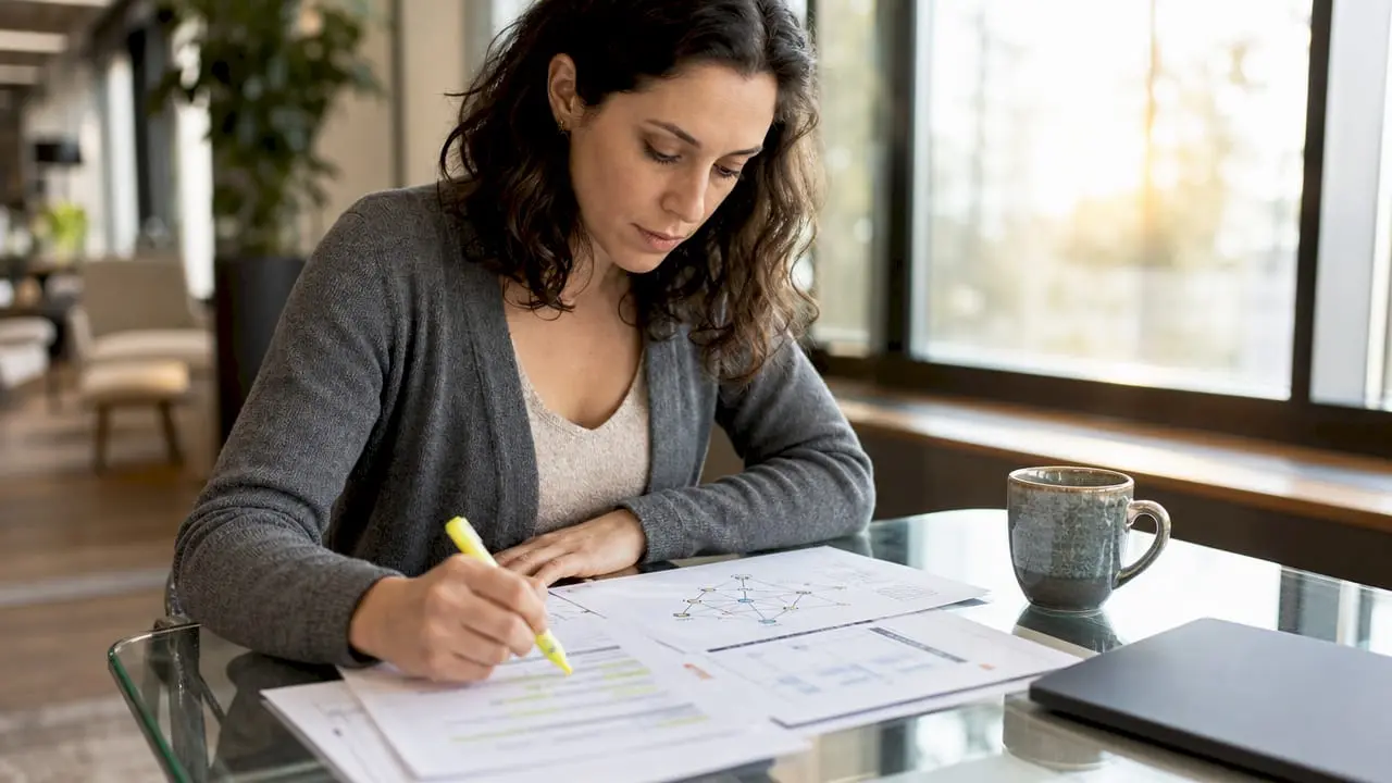 Female security consultant reviewing network diagrams