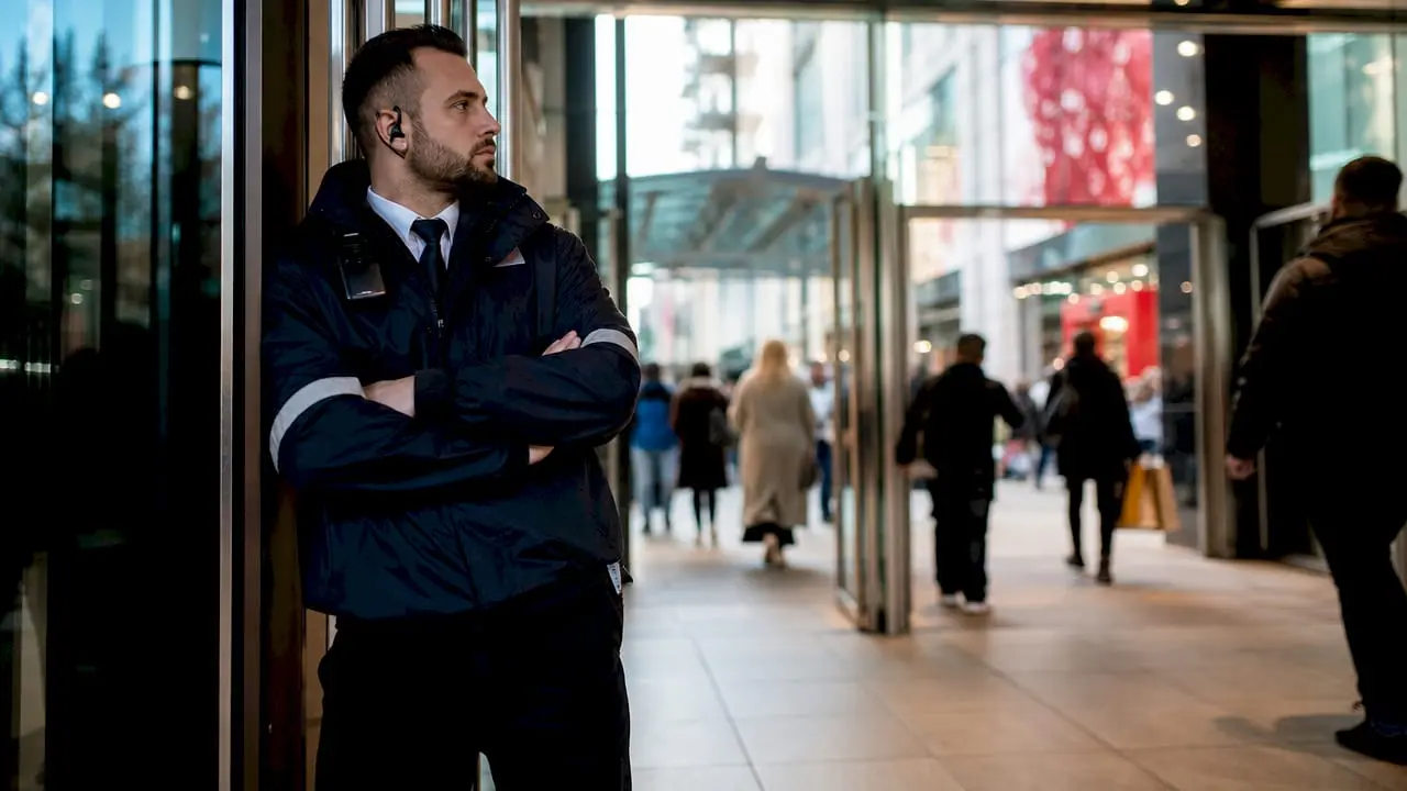 UK security guard monitoring building entrance