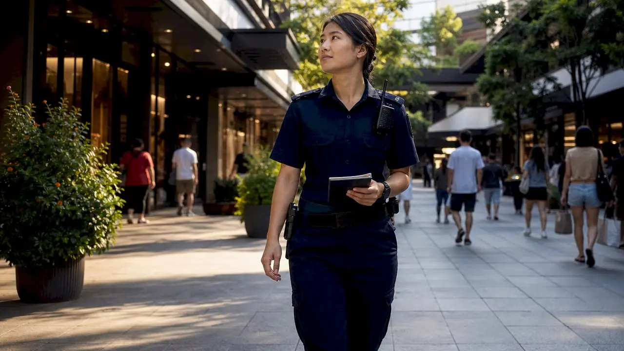 Female guard patrolling indoor retail corridor