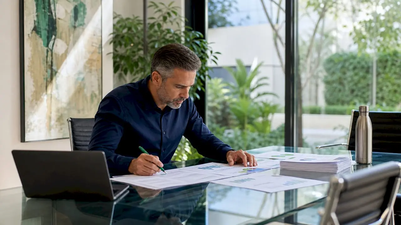 Security manager reviewing employee turnover reports