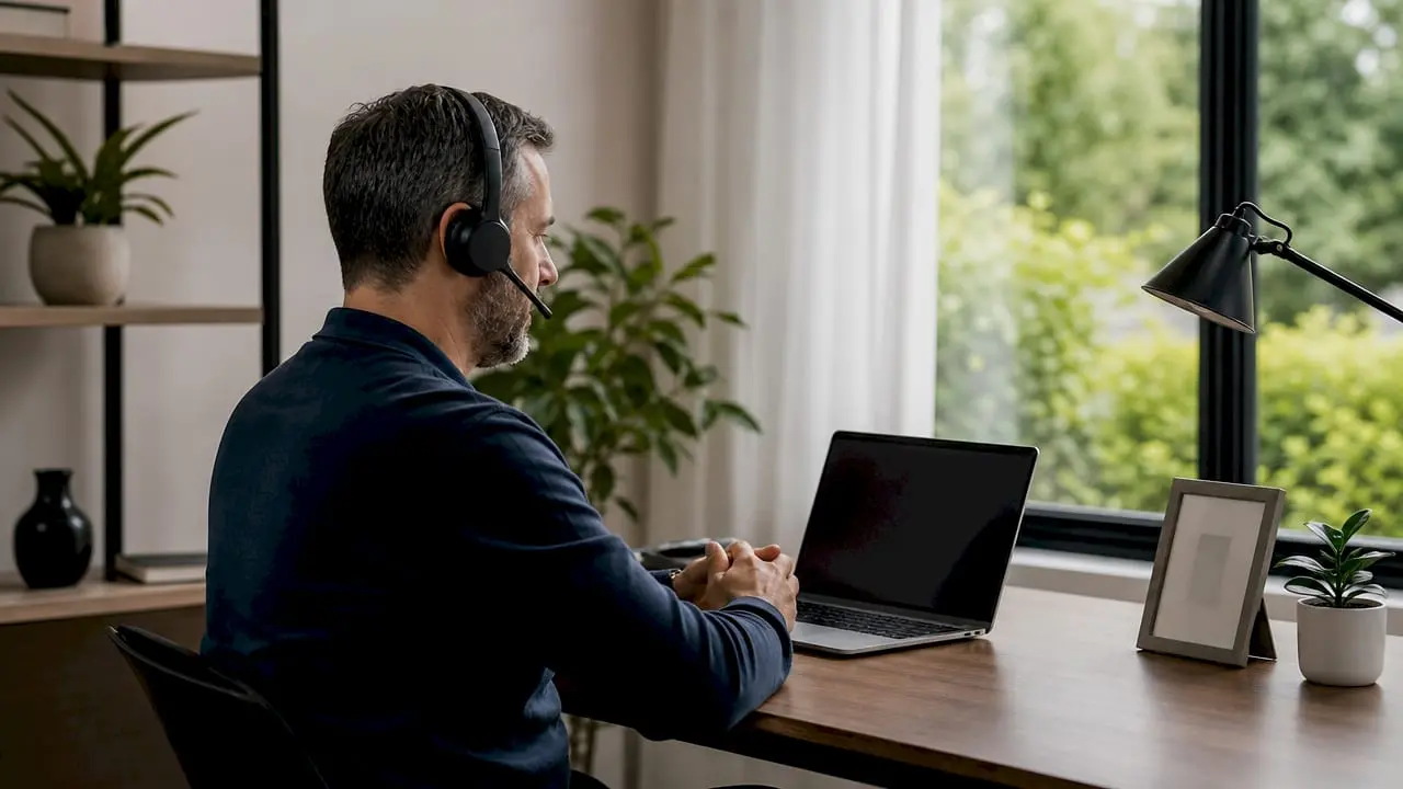 Security professional on video call in home kitchen