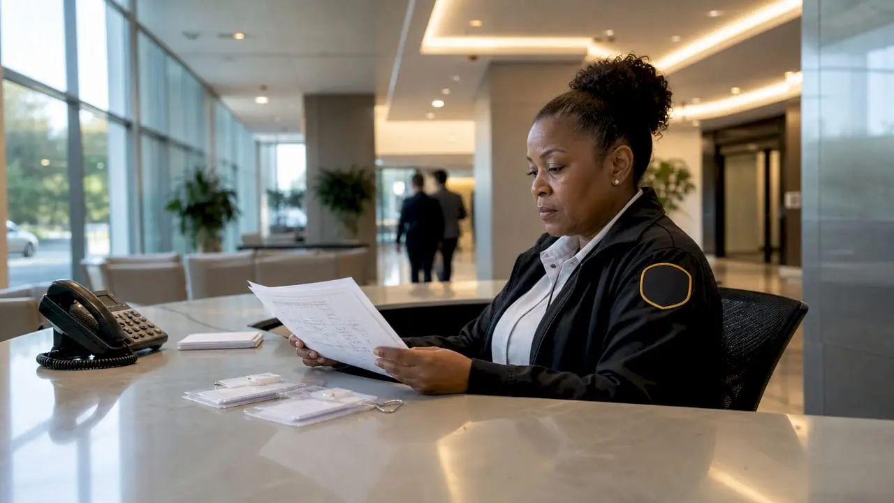 Security officer reviewing checklists in UK office lobby
