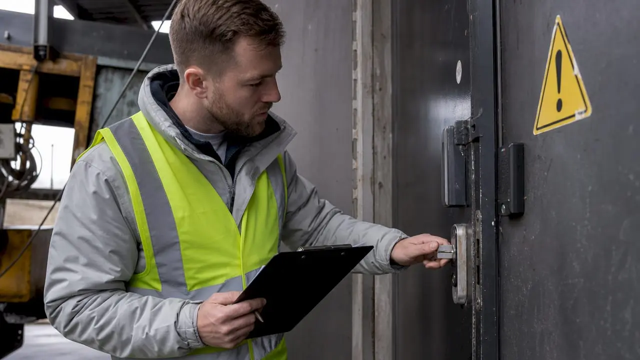 Security inspector examining door lock outdoors