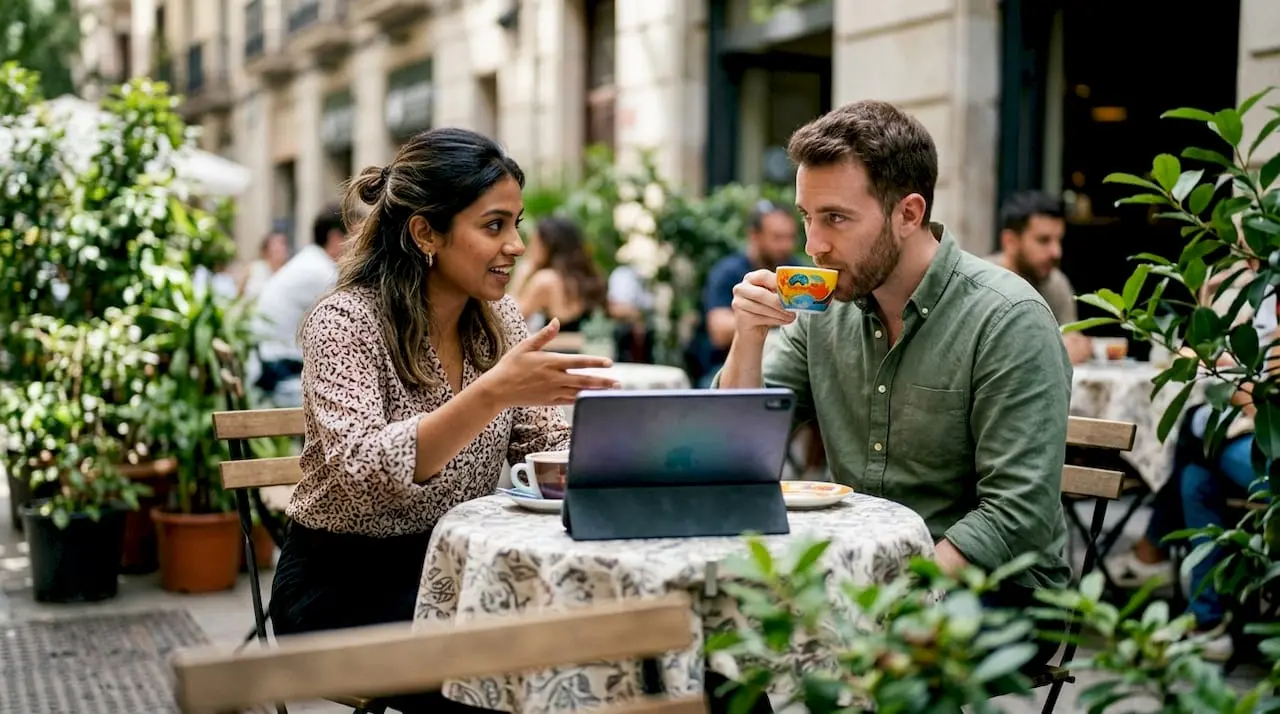 Two people viewing security jobs on tablet at café