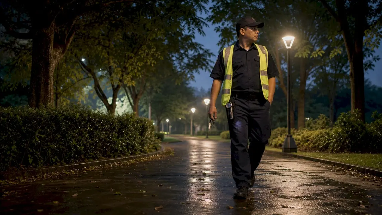 Security guard patrolling street at dusk