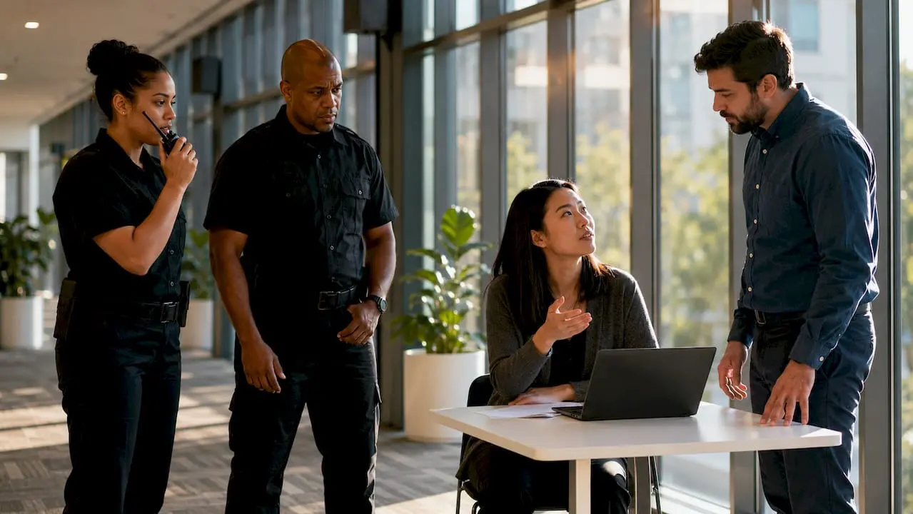 Group of physical and cybersecurity professionals at work