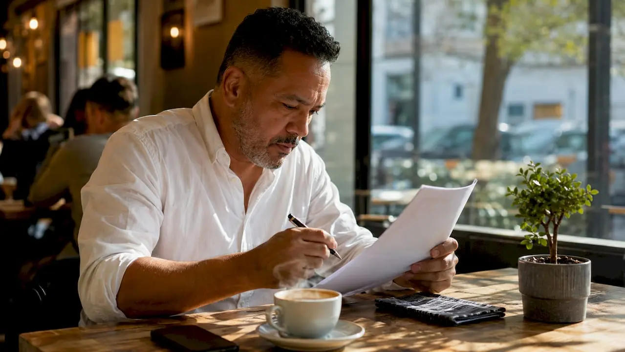 Overhead view of man reviewing security job listing pages