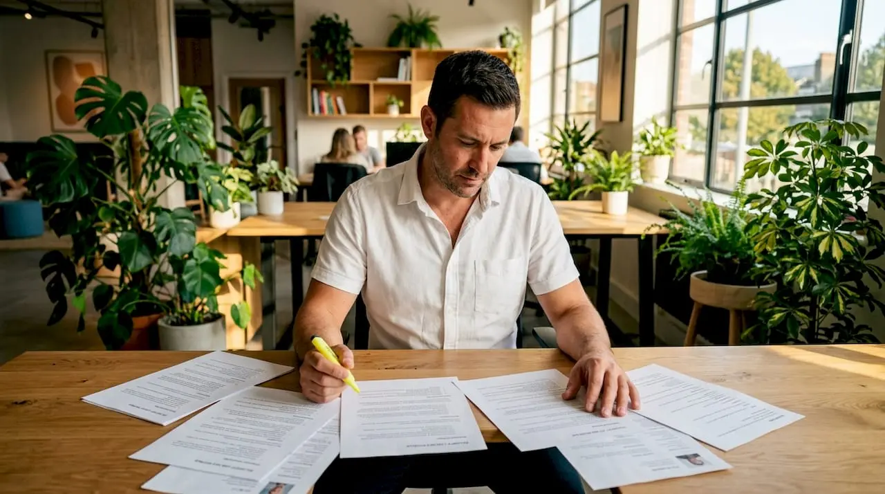 Security manager reviewing job profiles at desk