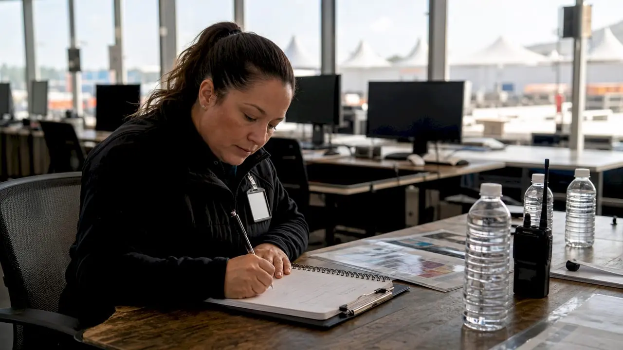 Security supervisor writing notes in outdoor control tent