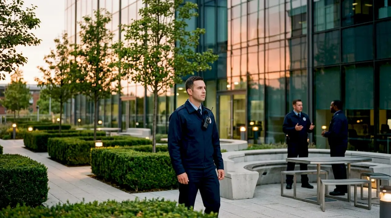 Security supervisor monitoring guards in office lobby