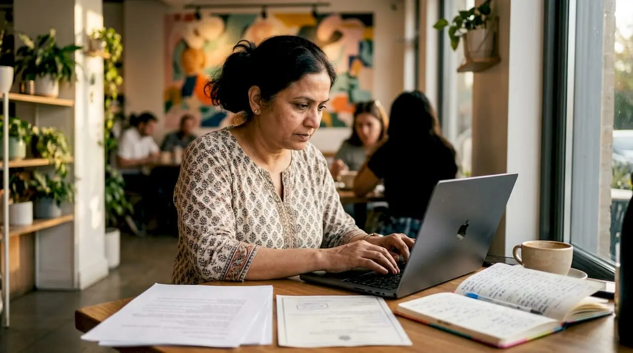 Woman typing security job applications at desk