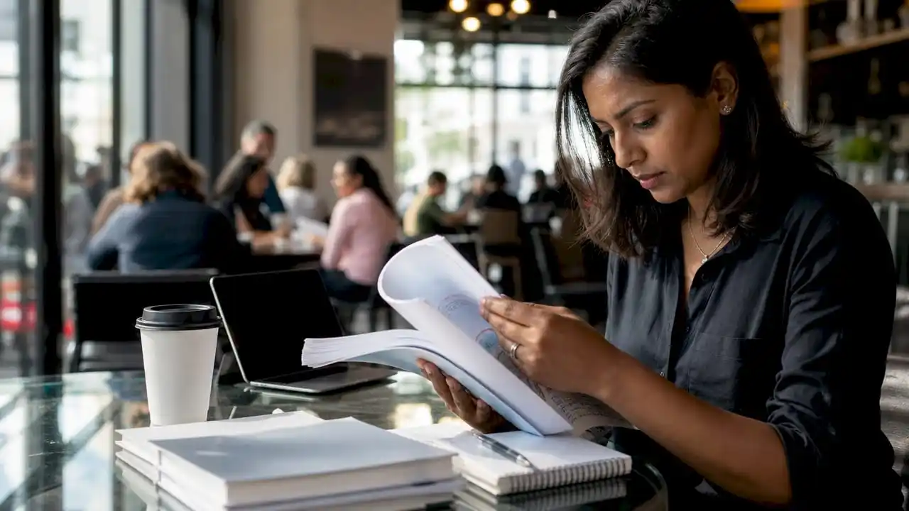 Woman studying first aid training booklet