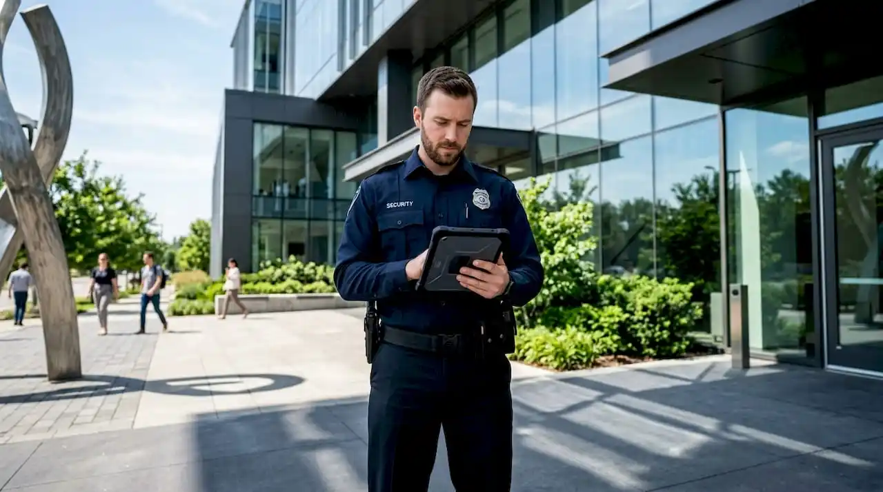Security professional checking tablet in lobby