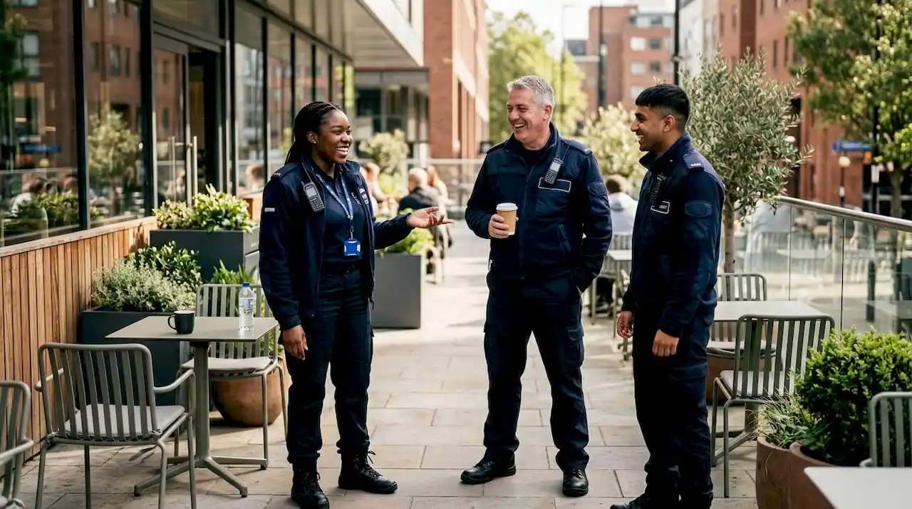 Diverse security workers chatting outside building