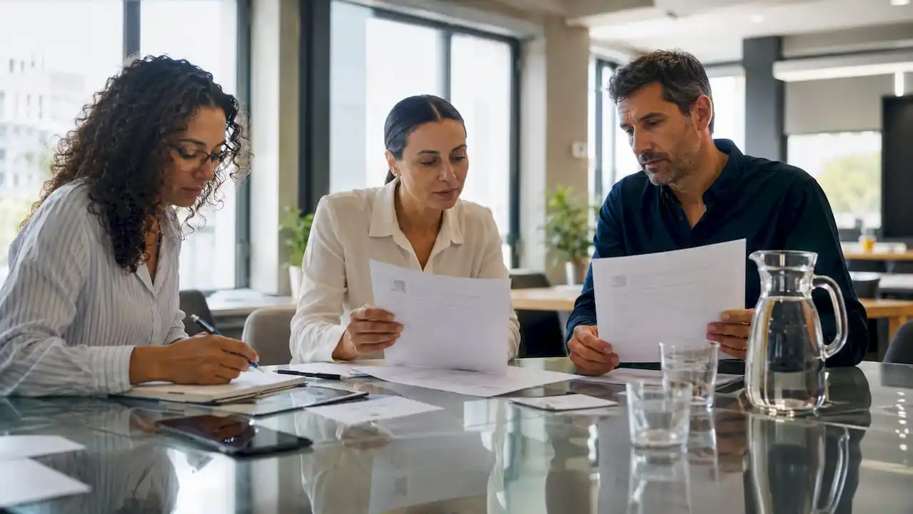 Diverse panel conducting interview with documents