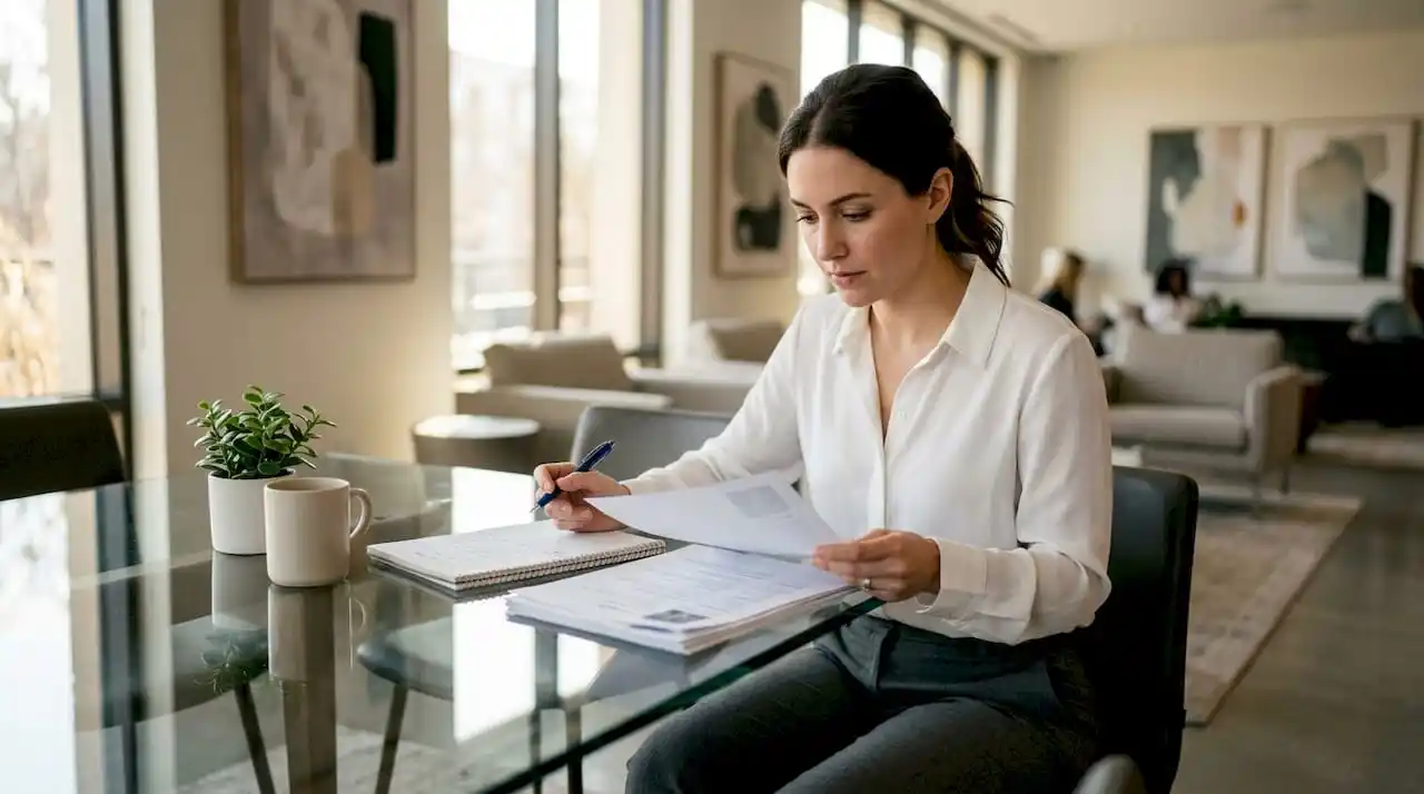 HR professional reviewing resumes at desk