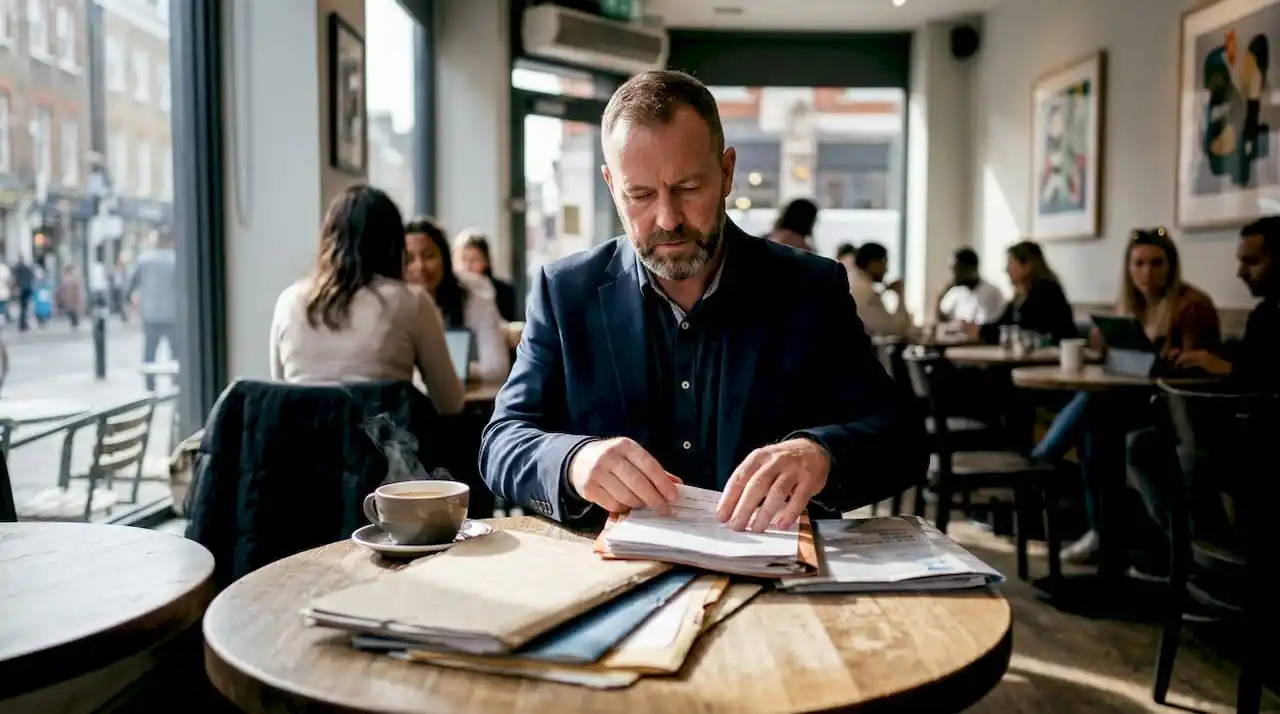 UK security manager sorting SIA licence folders in office
