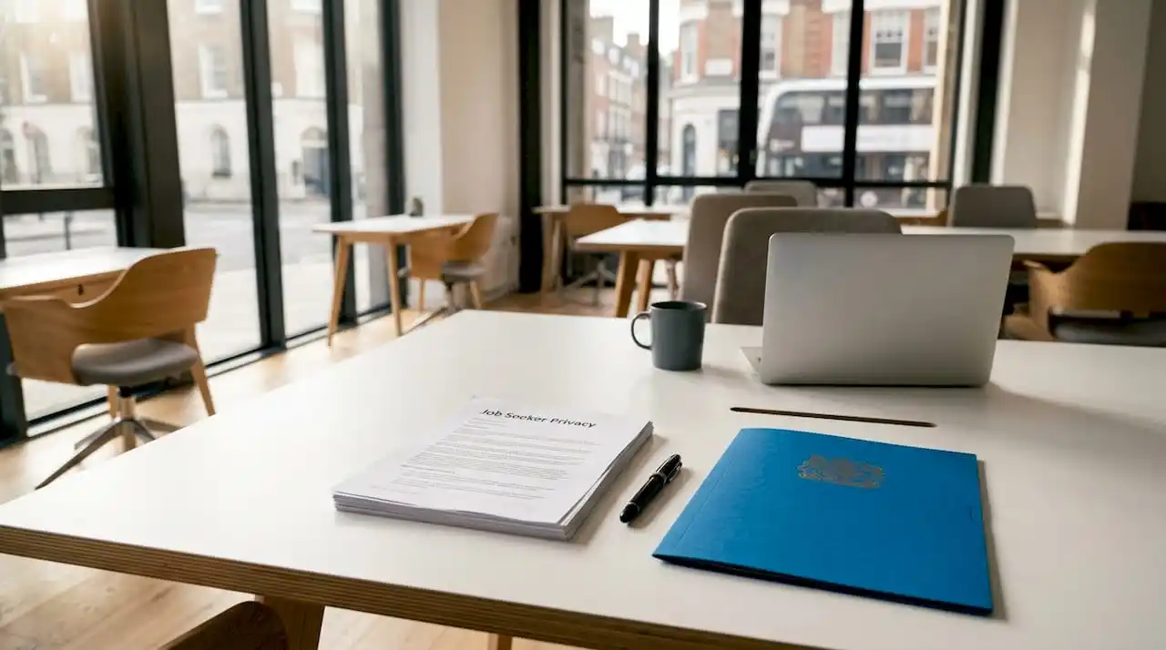Legal documents on UK job privacy on office desk