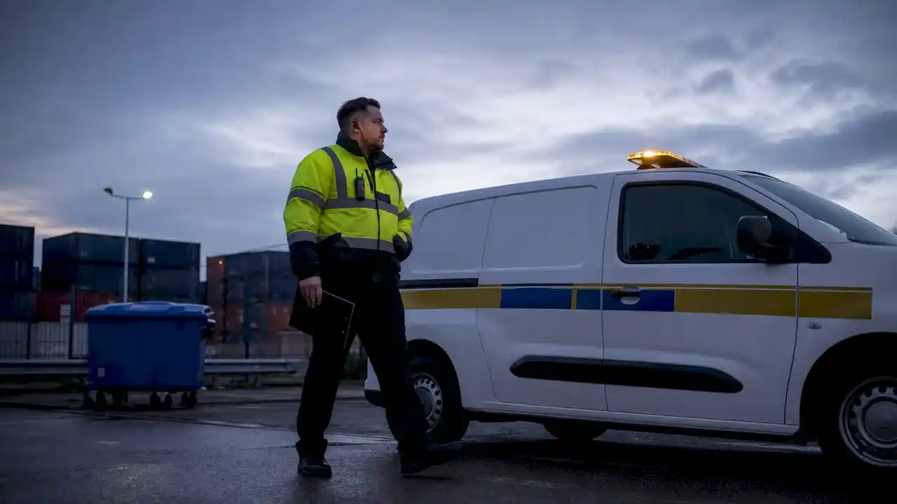 Mobile patrol officer walking by security van