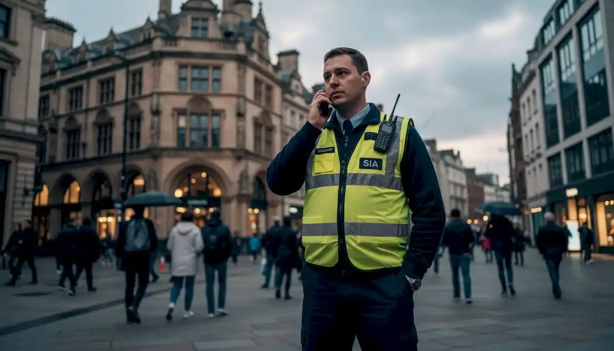 UK security guard standing outside office building