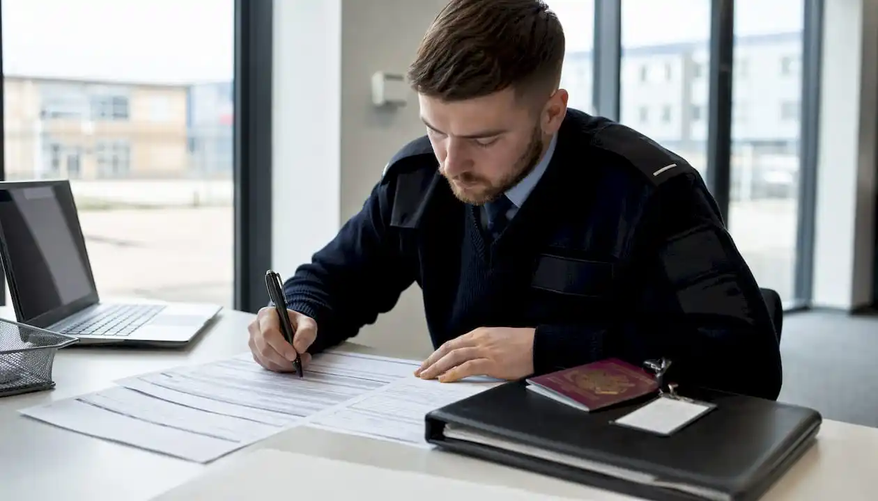 Hands completing UK security background check form