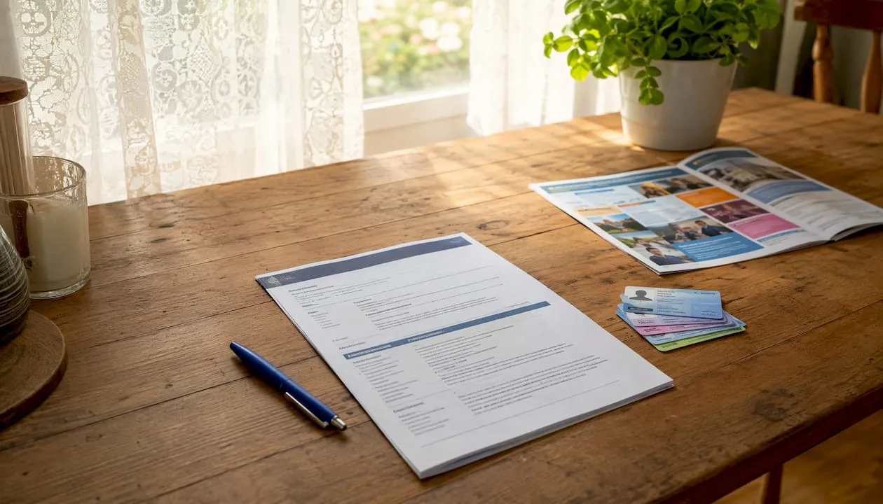 Workspace with UK security CV and licence cards