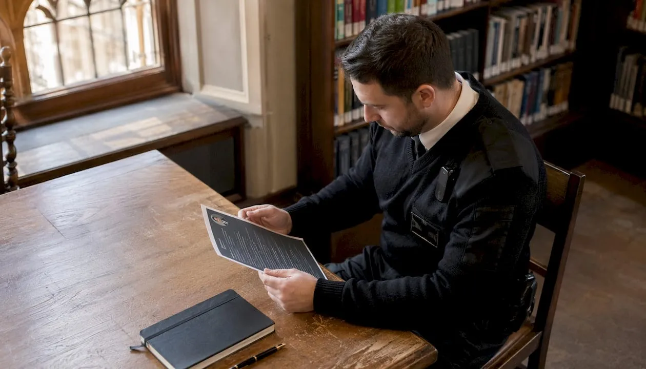UK security guard reviewing CV paper