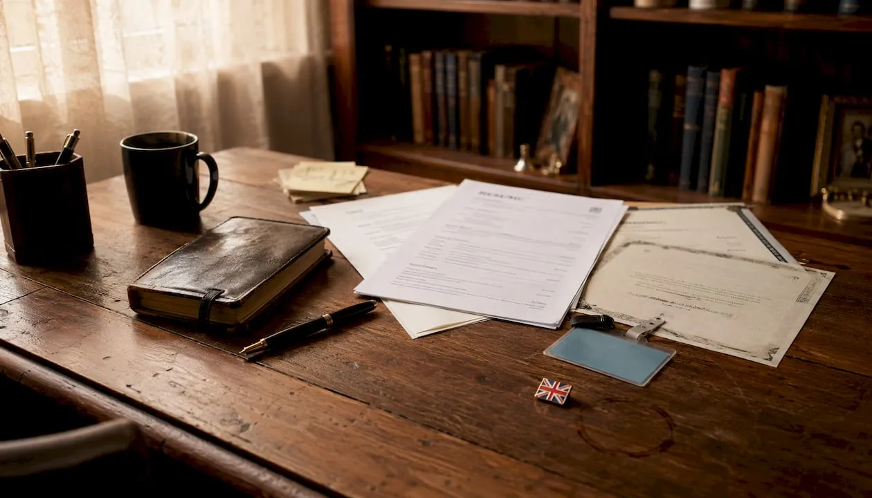 UK security work experience documents on desk