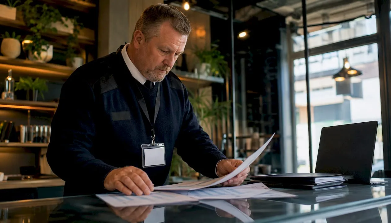 UK security manager reviewing flexible shift schedules