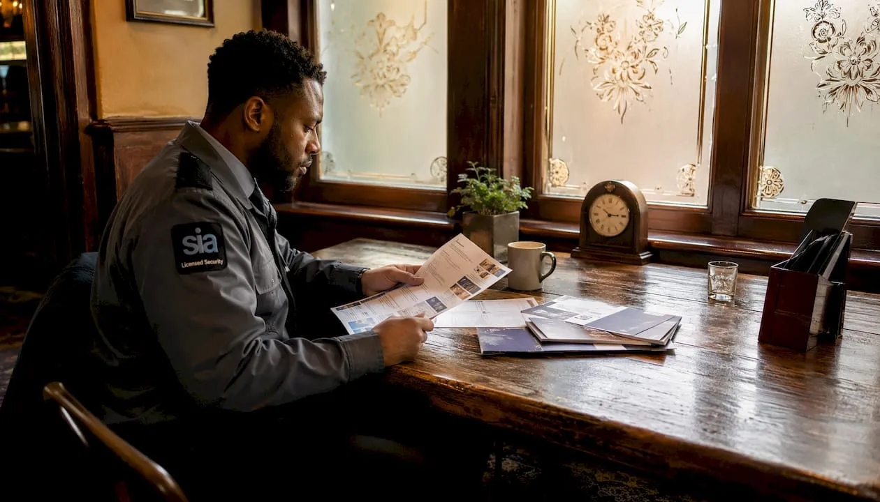 UK security officer searching jobs at home desk